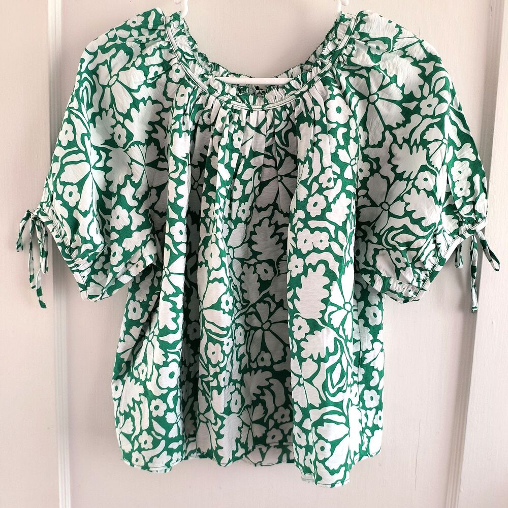 LOFT Top Womens Petite Small Green Floral Print Tie Neck Blouse Coastal Office